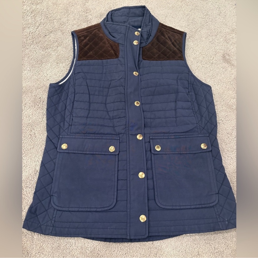 Vineyard Vines Navy Quilted Vest with Brown Shoulder Panels